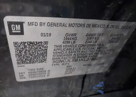 2019 Chevrolet Trax Lt z USA, uszkodzony, nr VIN 3GNCJLSB1KL279627